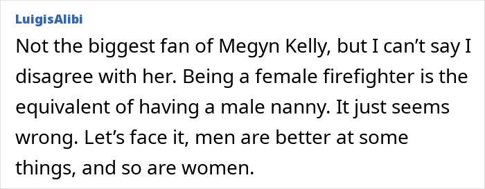 Text screenshot discussing Megyn Kelly’s comments on female firefighters and gender roles.