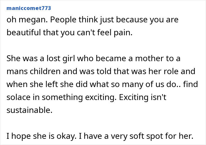 Text discussing Megan Fox, expressing concern and empathy for her situation and emotional struggles.