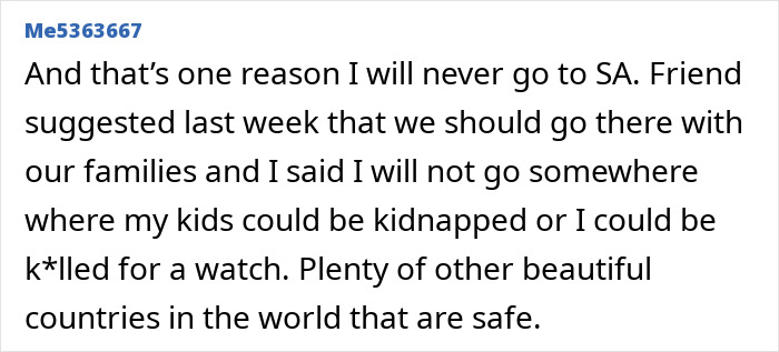 Text discussing fears of kidnapping and safety concerns in South Africa.