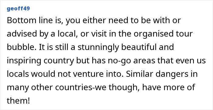 Screenshot of a comment discussing visiting South Africa with safety precautions.