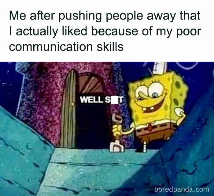 SpongeBob meme highlighting introvert struggles with communication skills.