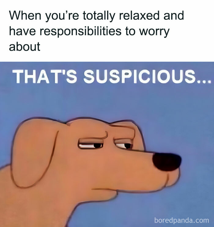 Cartoon dog looking suspicious with text overlay about feeling relaxed yet anxious. Perfect meme for introverts.