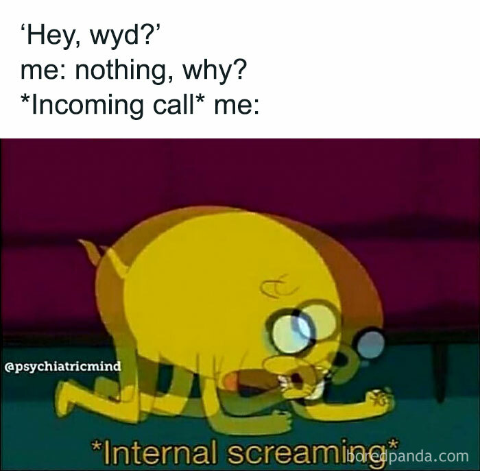 Cartoon character crouching with text "Internal screaming," depicting introvert anxiety over phone calls.