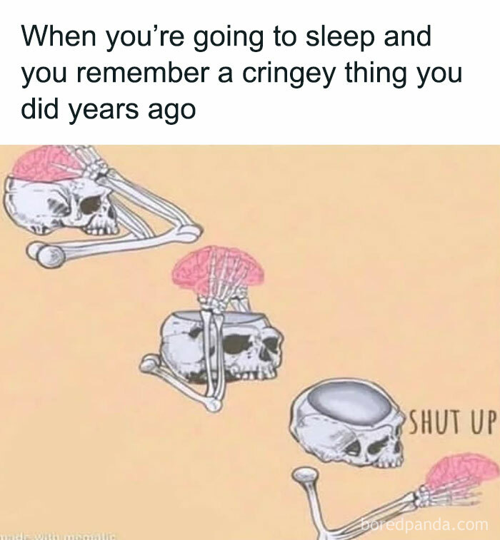 Introvert meme showing a skeleton placing a brain inside its skull, with the caption about remembering cringey things.