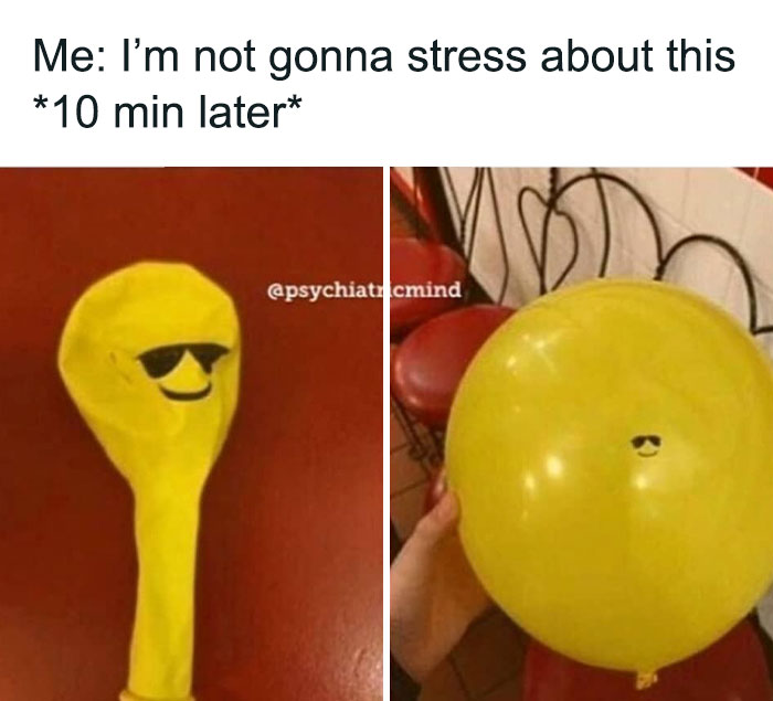 Introvert meme showing a deflated balloon with sunglasses next to an inflated balloon, depicting stress over time.