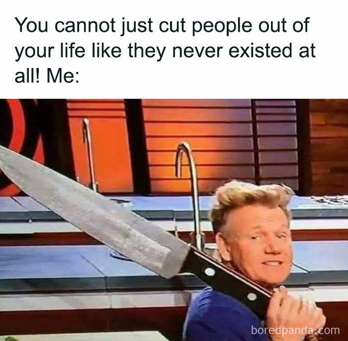 Chef humorously wielding a large knife with text about cutting people out of your life, capturing introvert meme humor.