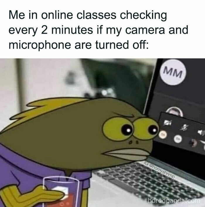 Introvert meme showing a cautious character checking if camera and microphone are off during an online class.