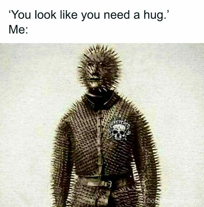 Introvert meme featuring a person covered in spikes with text: "You look like you need a hug."