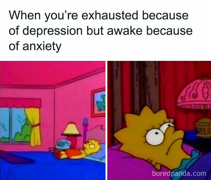 Introvert meme showing a character awake in bed, illustrating the struggle between depression and anxiety.