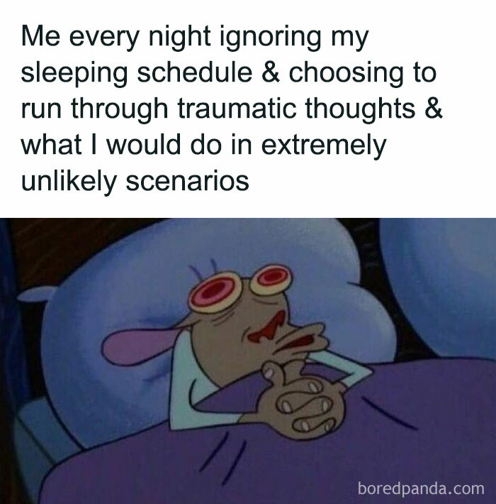 Cartoon character awake in bed, eyes wide open, illustrating an introvert's overthinking at night.