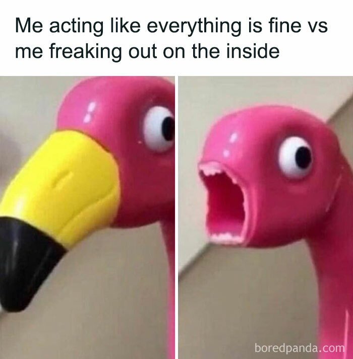 Introvert meme with a plastic flamingo showing calm versus internal panic expressions.