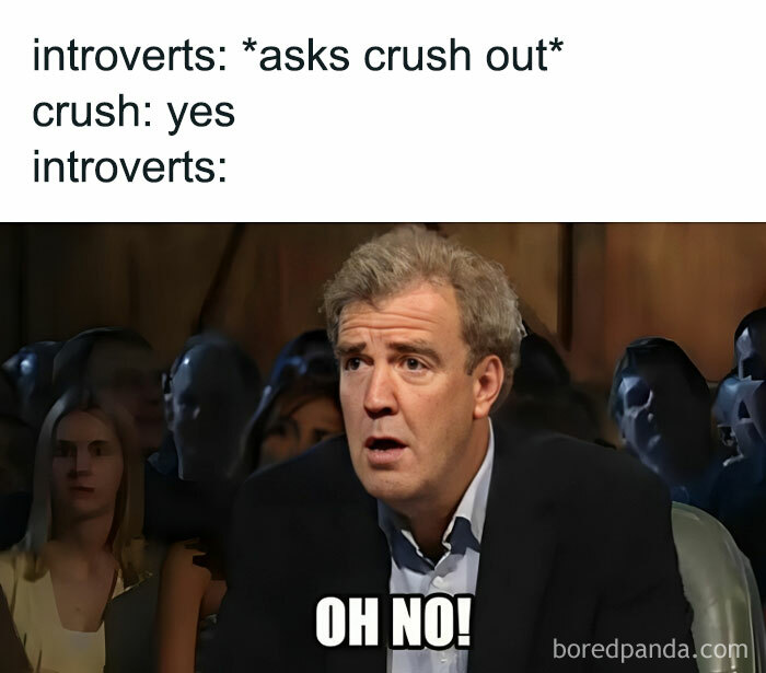 Meme showing introverts' reaction with caption "OH NO!" after a crush says yes.