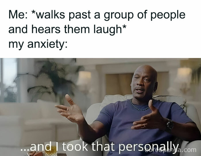 Introvert meme showing a person reacting to overhearing laughter with the phrase "and I took that personally."