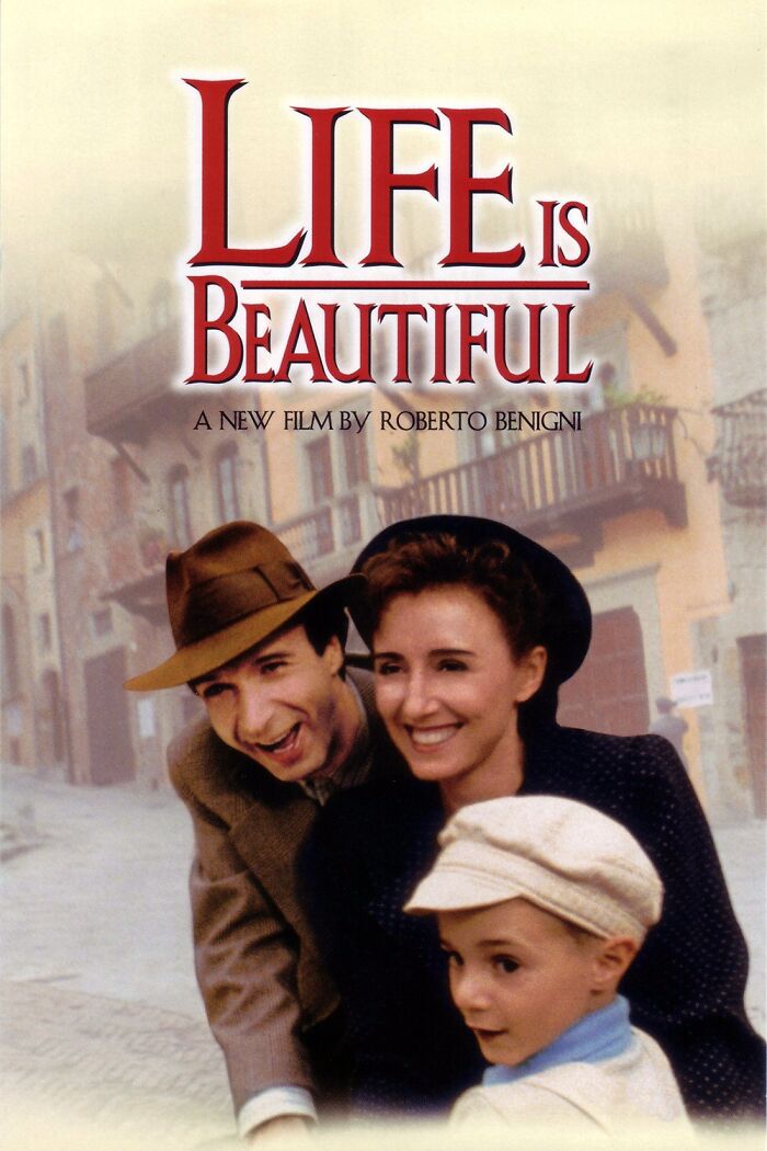 Poster of the film "Life is Beautiful" featuring a joyful family, ideal for a tear-jerking movie experience.