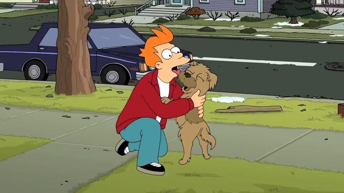 Animated character hugging a dog on a sidewalk, evoking a tear-jerking moment.