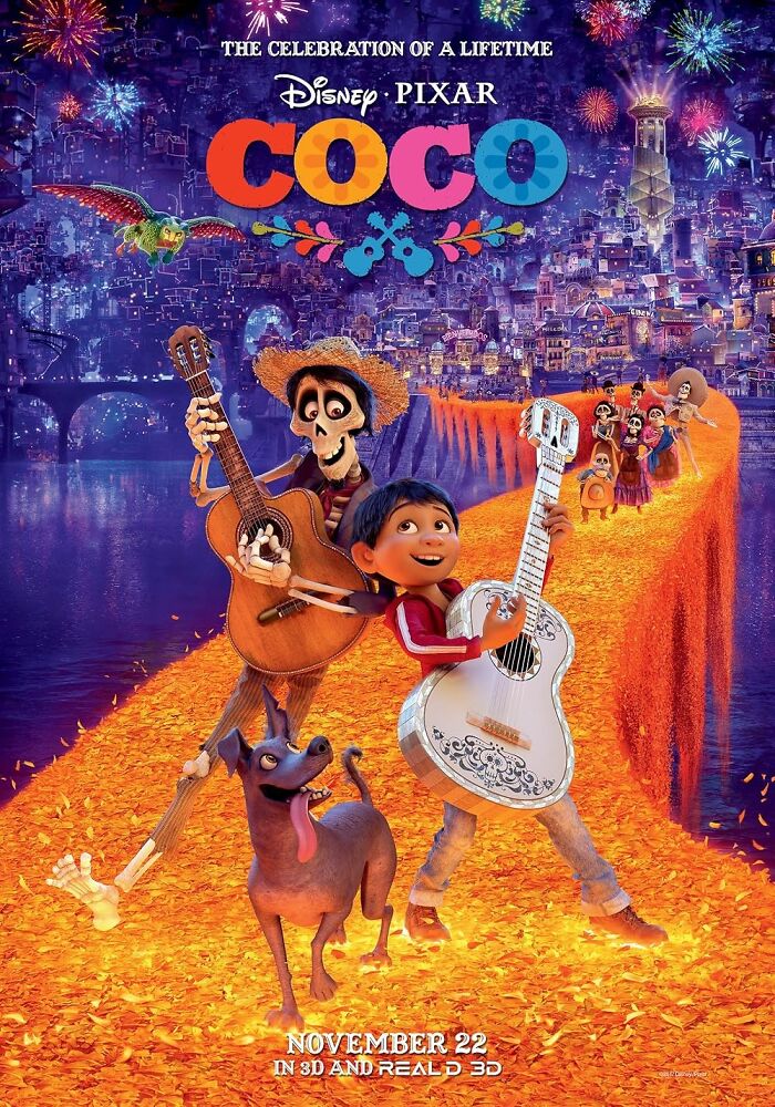 "Coco" movie poster showing a boy with a guitar, a skeleton, and a dog on a vibrant orange bridge.