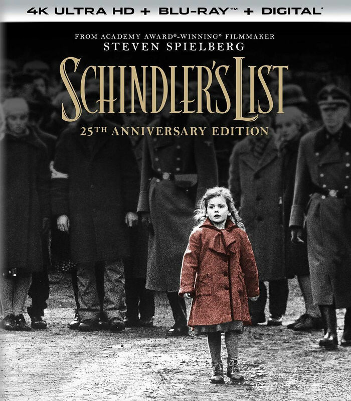 Cover of "Schindler's List" 25th Anniversary Edition featuring a girl in a red coat, a poignant image for tear-jerking movies.