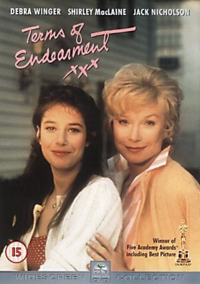 "Terms of Endearment" movie poster with Debra Winger and Shirley MacLaine, known for tear-jerking emotional depth.