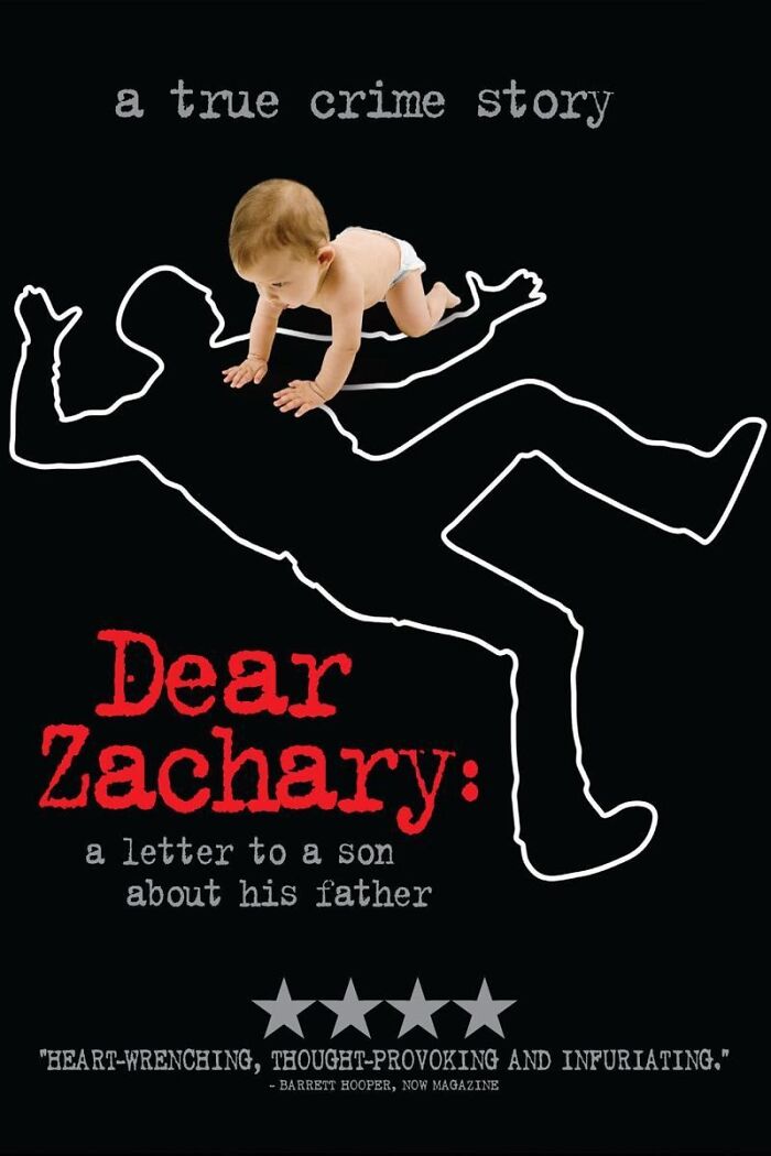 "Dear Zachary" movie poster featuring a baby crawling on a chalk outline, described as heart-wrenching and thought-provoking.