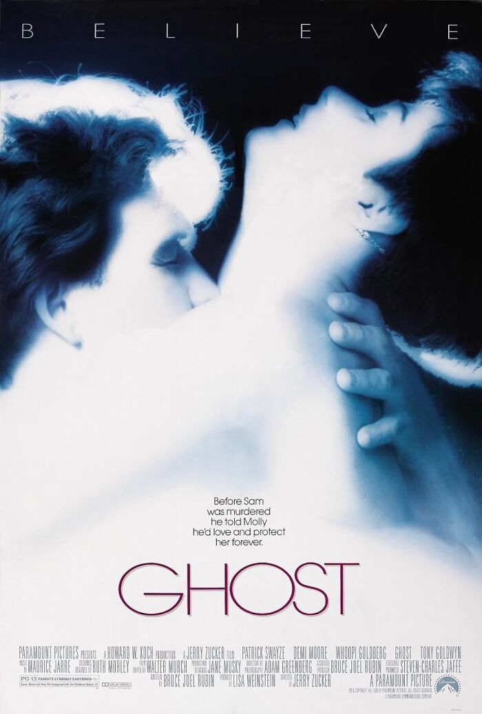 "Ghost" movie poster featuring a couple embracing, highlighting tear-jerking film themes.