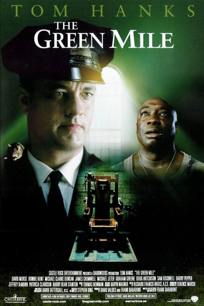 Movie poster for "The Green Mile" featuring two main characters and an electric chair, perfect for a tear-jerking film night.