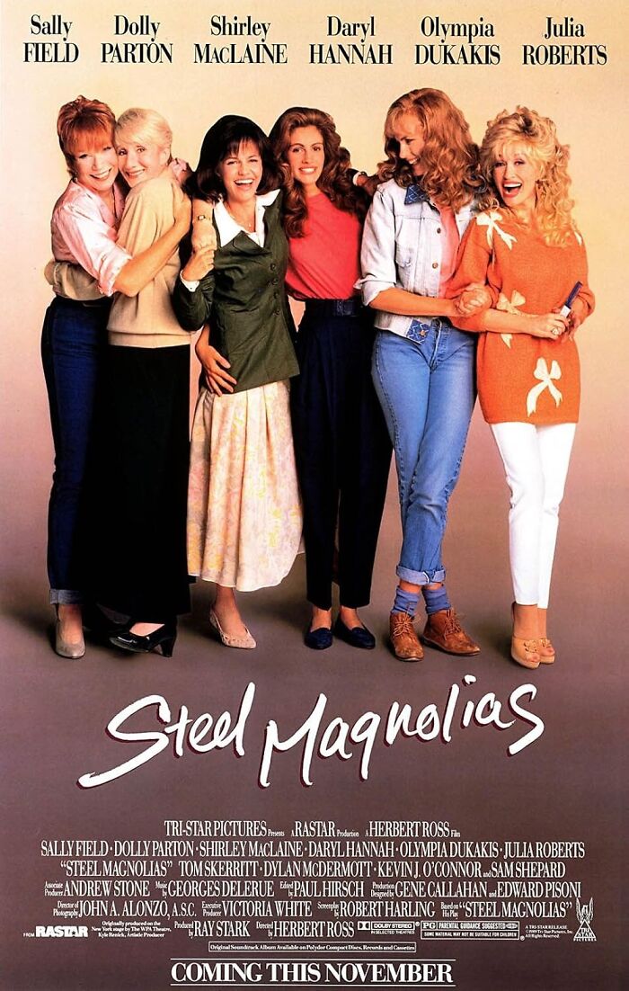 "Steel Magnolias" movie poster with the main cast posing together, evoking a tear-jerking cinematic experience.