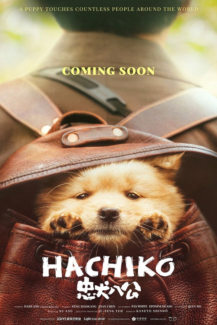 Puppy in a backpack from the tear-jerking movie Hachiko, coming soon poster.