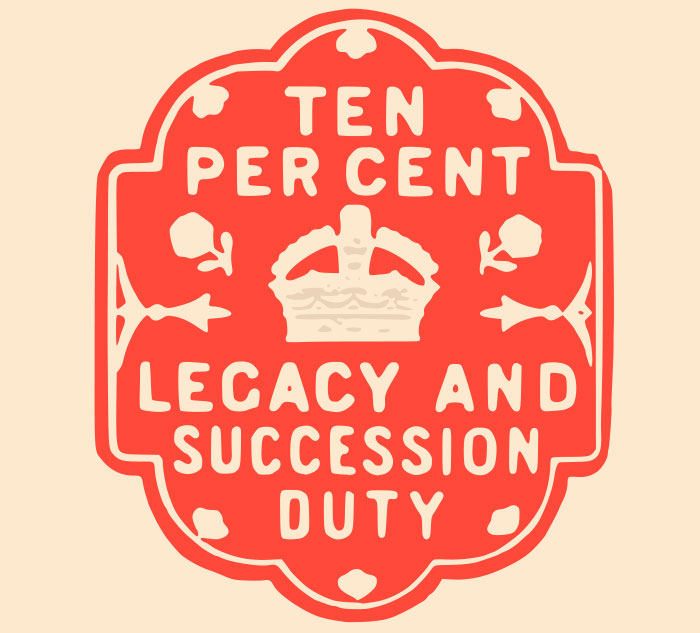 Red vintage emblem with "Ten Per Cent Legacy and Succession Duty" text, featuring a crown icon.