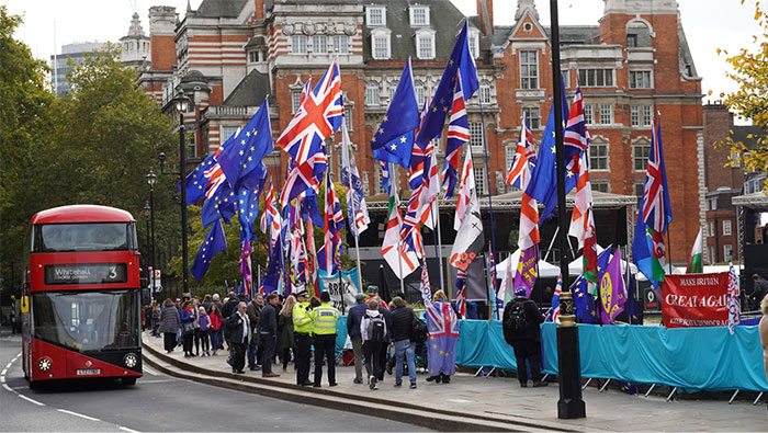 People gathered with UK and EU flags, next to a red bus, reflecting collective madness of wasted resources.