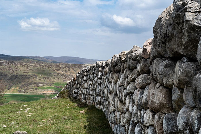 Stone wall stretching across a grassy landscape under a cloudy sky, representing historical collective madness.