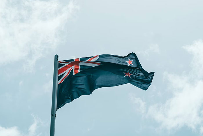 New Zealand flag waving against a cloudy sky, symbolizing an instance of collective madness and wasted resources.