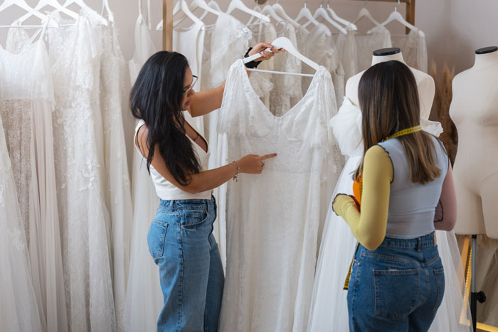 Two women shopping among wedding dresses, examining a gown on a hanger.