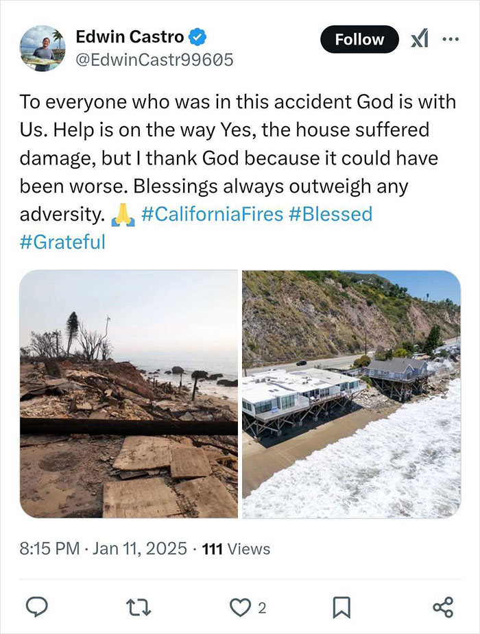 Tweet about house fire damage near the ocean, highlighting resilience and gratitude amidst adversity. #CaliforniaFires