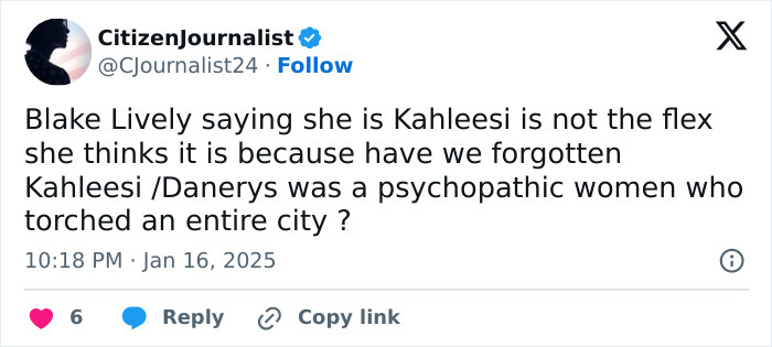 A tweet criticizing Blake Lively's Khaleesi comparison, referencing city destruction.