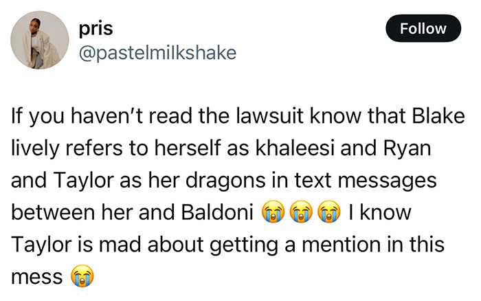 Tweet discussing Blake Lively comparing herself to Khaleesi, mentioning Ryan and Taylor as her dragons.