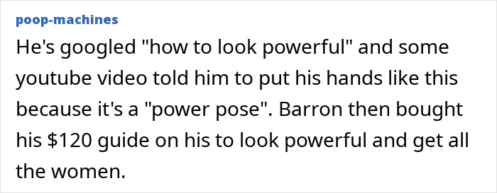 Text discussing Barron Trump's hand gesture at the inauguration, referencing a power pose.