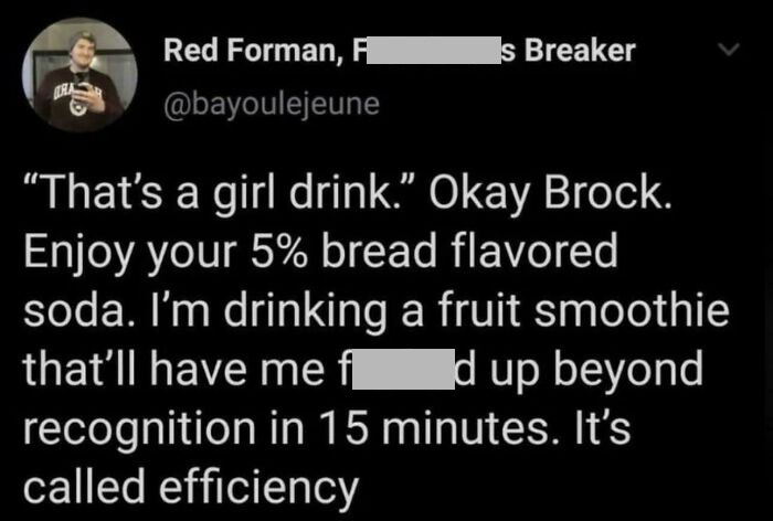 Social media post with a hilariously bizarre brand new sentence comparing drinks for efficiency.