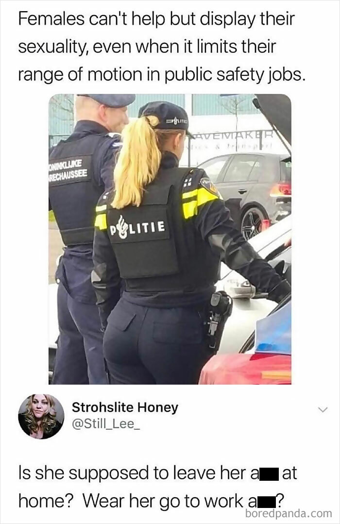 Police officer seen from behind, standing by a car, with humorous text overlay in bizarre new sentence style.