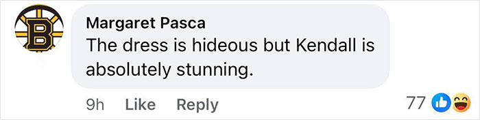 Facebook comment critiquing Kendall Jenner's Paris Fashion Week dress, calling it hideous but her stunning.