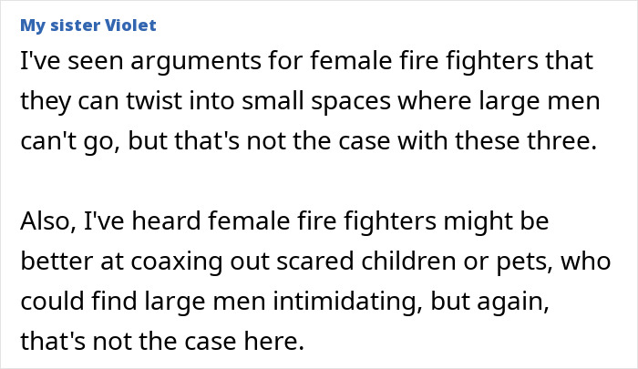 Text criticizing attributes of female firefighter leaders.