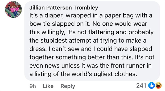 Facebook comment criticizing Kendall Jenner's Paris Fashion Week dress, comparing it to a diaper.