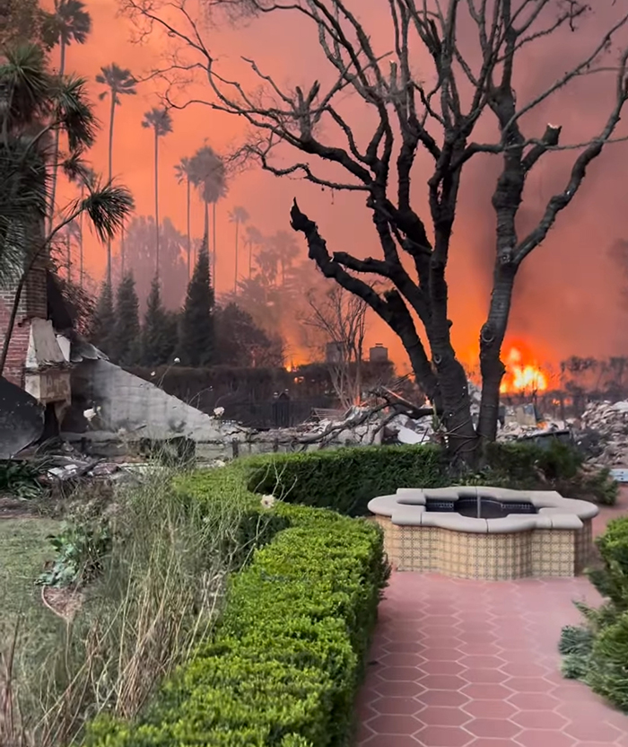 Wildfire near a landscaped garden with palm trees silhouetted against an orange sky.