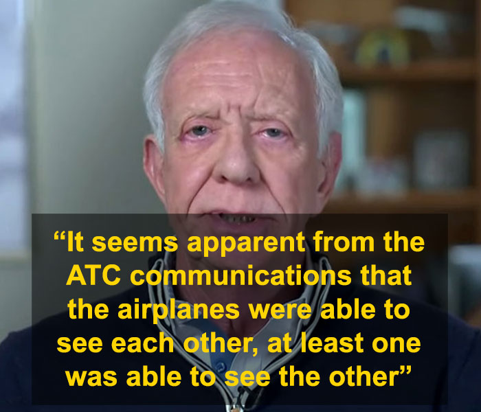 Man speaking about a DC plane crash theory, with text overlay discussing airplane visibility and air traffic control communications.