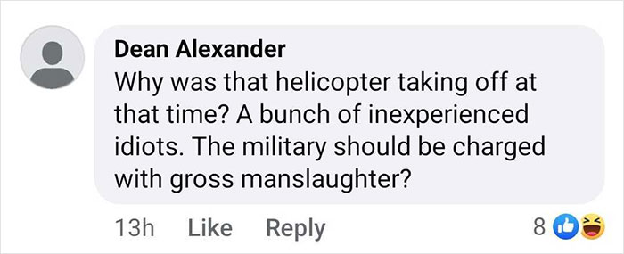 Social media comment discussing a helicopter accident and expressing criticism towards the military.