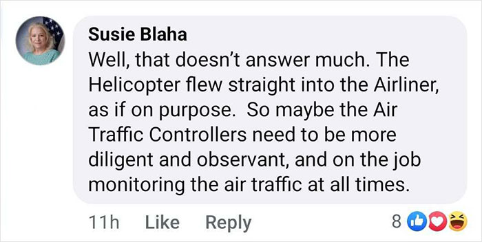 Facebook comment questioning air traffic control after DC plane crash.