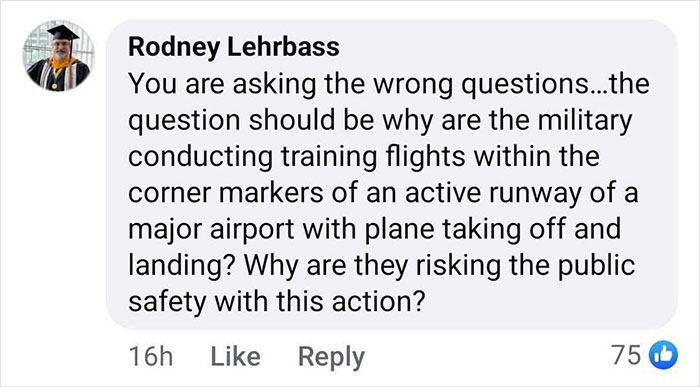 Social media comment questioning military training near airport, related to Captain Sully's theory on DC plane crash.