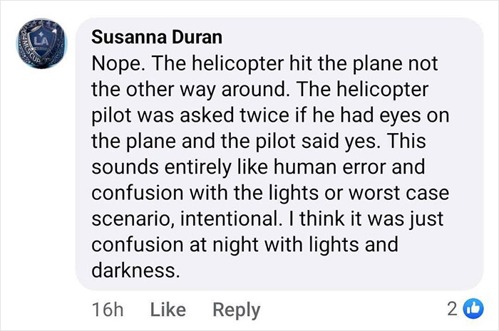 Facebook comment discussing potential human error and confusion with lights in a DC plane crash.