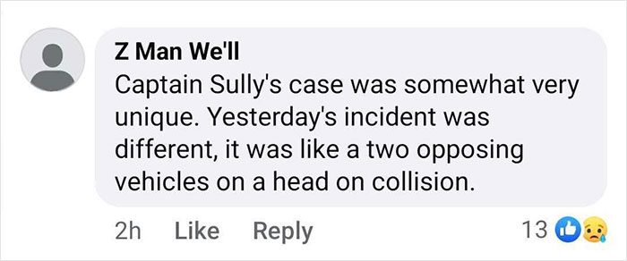 Facebook comment discussing Captain Sully and a recent plane crash with a head-on collision comparison.