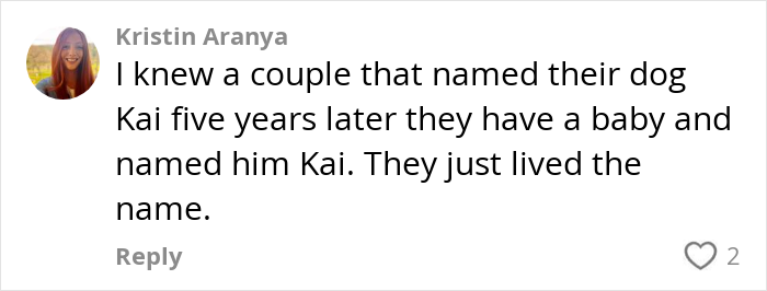 Comment discussing a couple naming their dog and baby the same name, Kai.