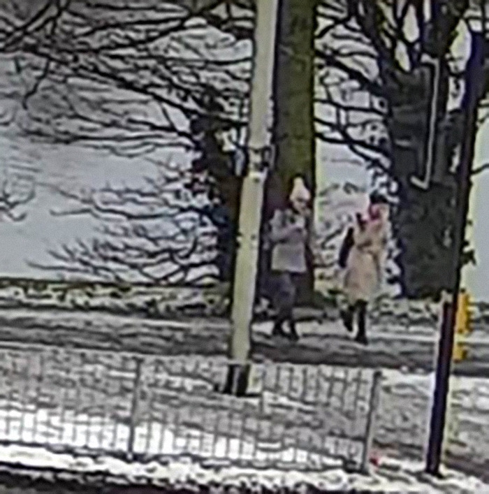 Two sisters walking along a snow-covered path beside trees and a street lamp.